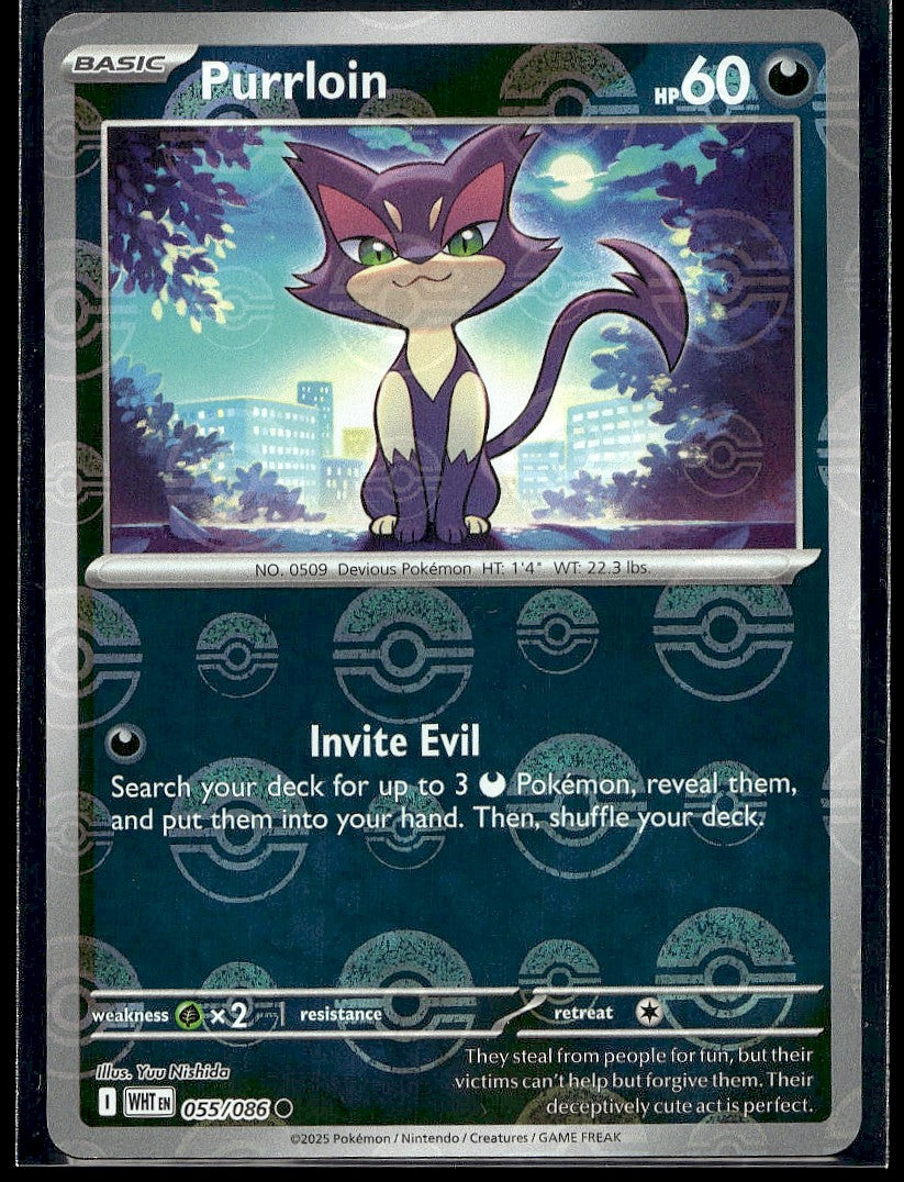 Purrloin (Poke Ball Pattern) 055/086 SV: White Flare Holo LP